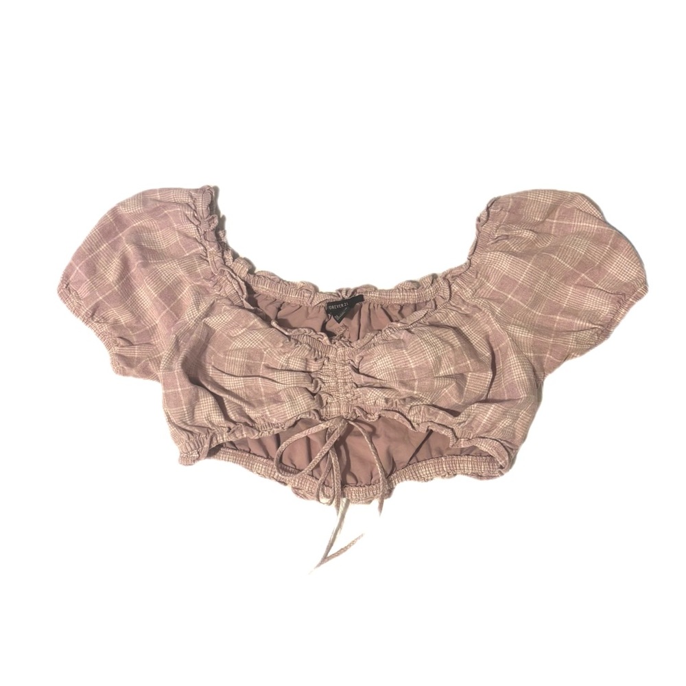 FOREVER 21 Plaid Puff Sleeve Crop Top